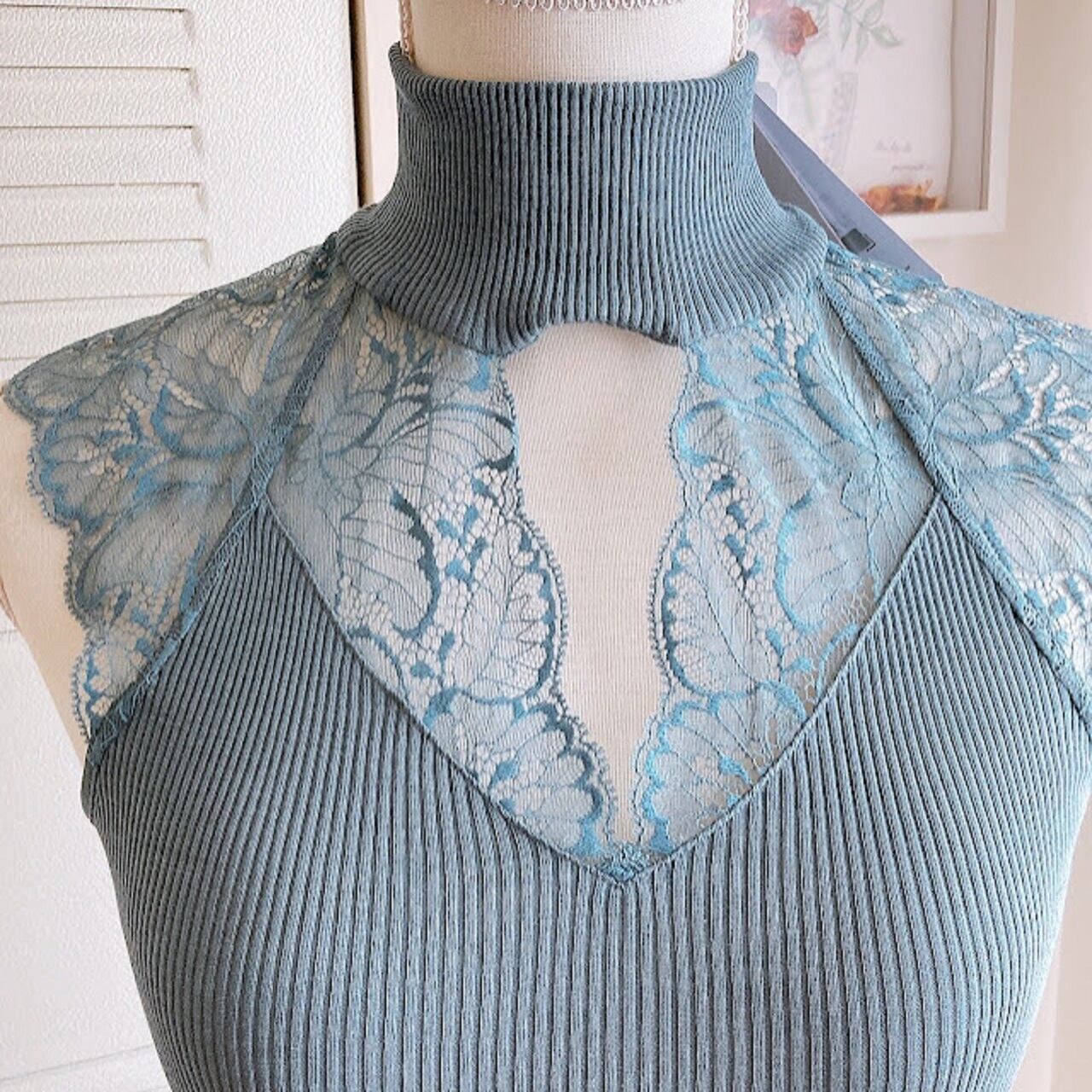 Oscalitoオスカリート リバーレースハイネックトップス ウールシルク サイズ4(L~2L)(11~13号)7611