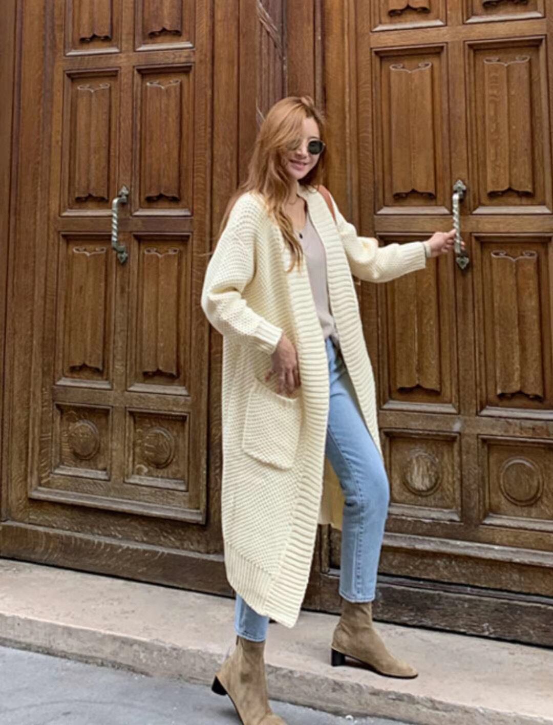 ケーブル編みロングニットカーディガン