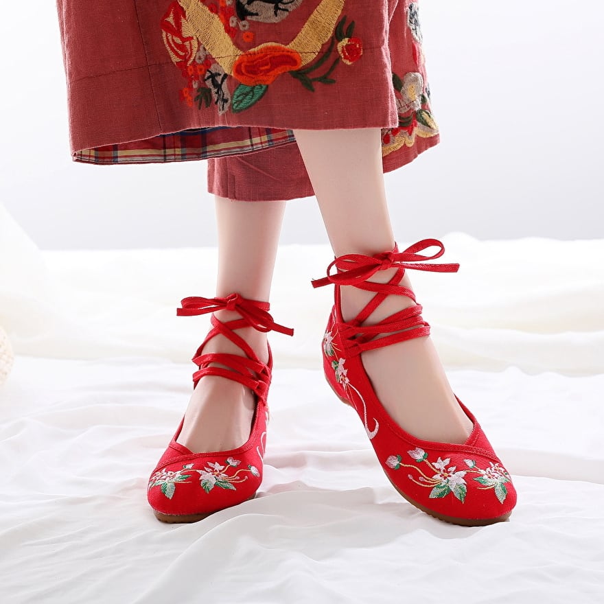 サブカル 服 地雷系 通販 チャイナシューズ ロリータ パンプス レトロ 民族風 刺繍 繊細 花柄 紐止め 華ロリ ローヒール 軽量
