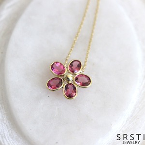 ■OrderMade■Pink Tourmaline K14/K18 Flower Necklace