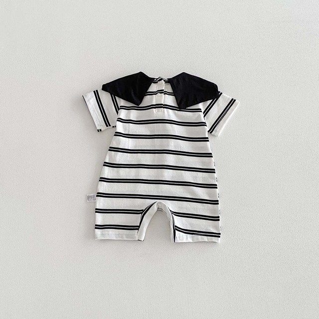 【BABY】パンダモチーフストライプセーラー半袖ロンパース - 6