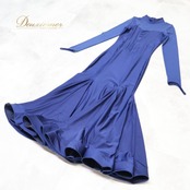 社交ダンス 衣装 ワンピース ドレス ネイビー系 紺 青 無地 パーティ 発表会 ダンス レッスン 伸縮 ストレッチ 大人用 エレガント 上品 おしゃれ レディース パーティードレス ダンスウエア 舞台衣装 発表会ドレス 長袖 シンプル