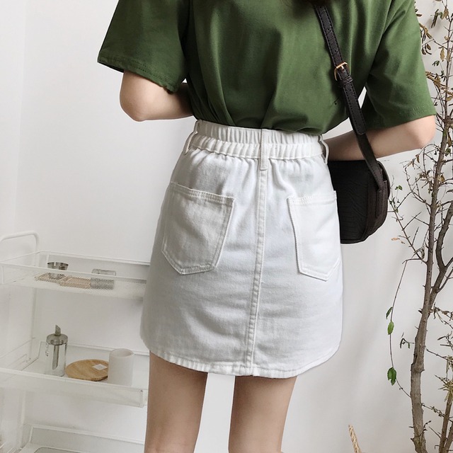 Aライン デニム ミニ スカート 春 夏 ショート ホワイト ピンク ブラック ハイウエスト 大学生 高校生 韓国ファッション Sk2211 Eleanor