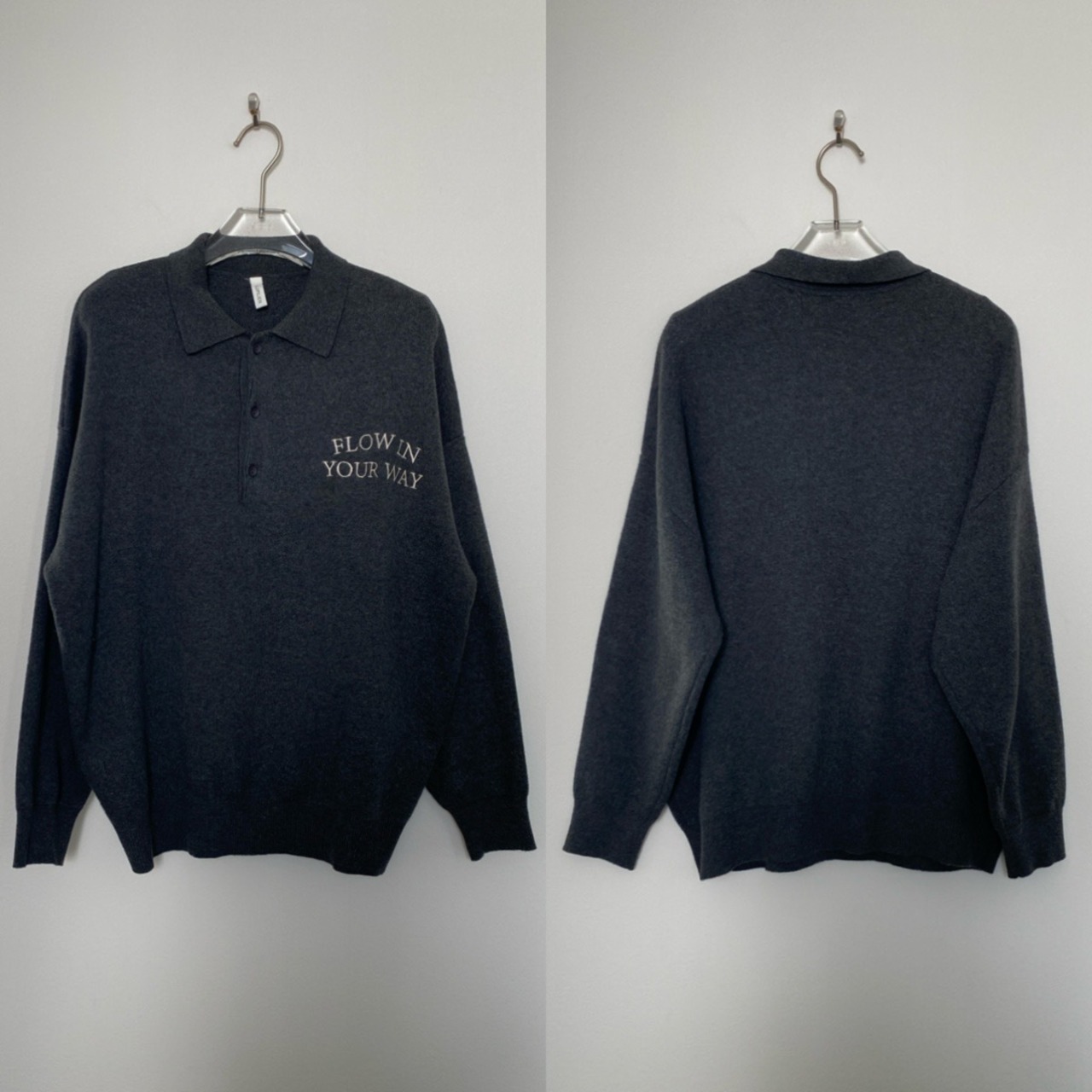 ロゴ刺繍ルーズシルエットポロknit/チャコール