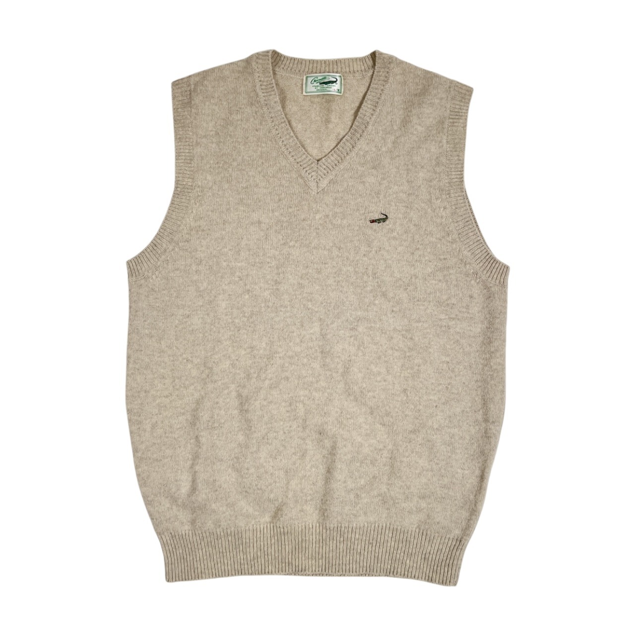 Crocodile クロコダイル ワンポイント刺繍 Vネック ウール ニットベスト L/ライトグレー ベージュ系 メンズ