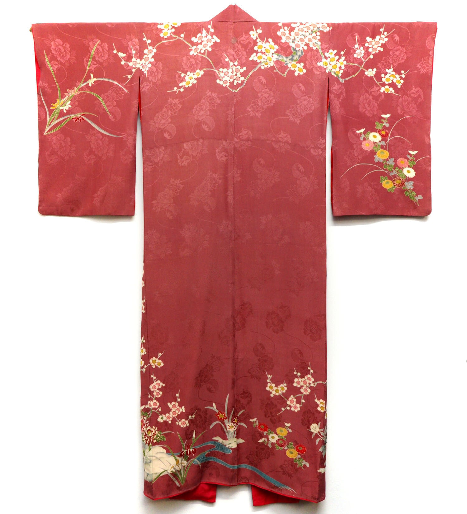 1285 アンティーク着物 色留袖 一つ紋 友禅染 正絹 綸子 昭和レトロ