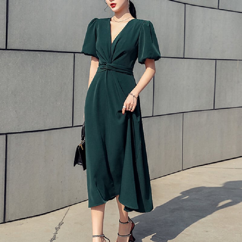 ワンピース レトロ カジュアル 女性らしい 無地 Vネック パフスリーブ グリーン ピンク S M L Xl Dresszone ワンピース レトロ カジュアル 女性らしい 無地 Vネック パフスリーブ グリーン ピンク S M L Xl Dresszone