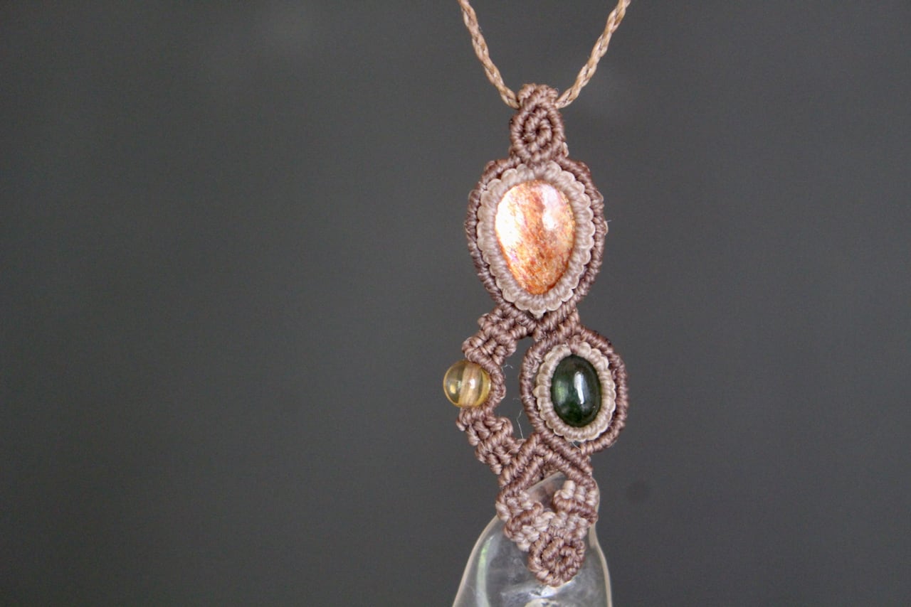 Healing crystal & Sunstone & Chrome Tourmaline micro macrame pendant