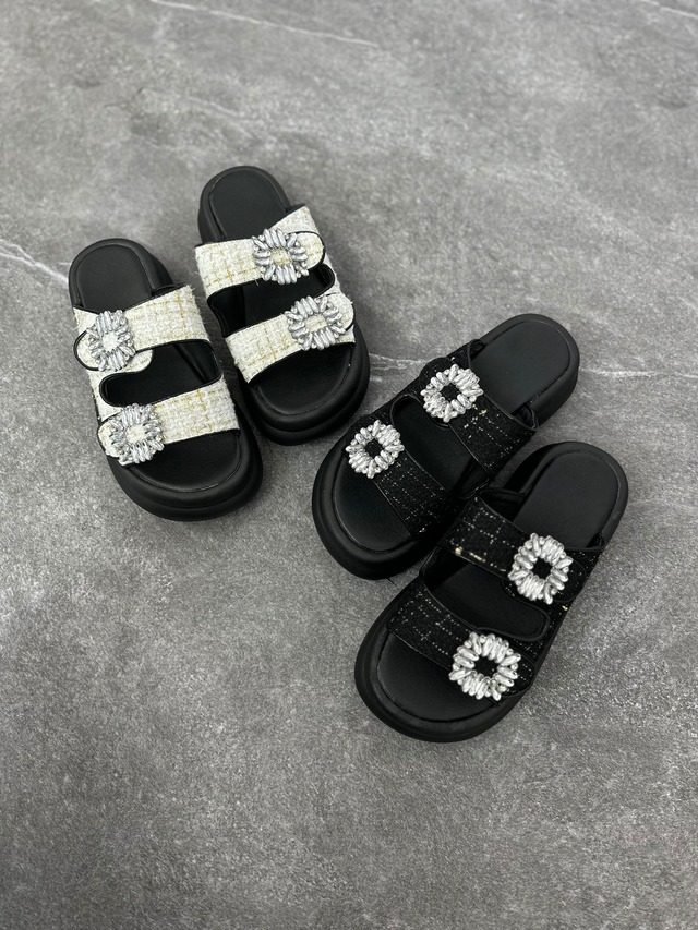 ◆一部即納◆ツイードビジューサンダル（即納:1-4営業日/予約:1-2週間程でお届け）