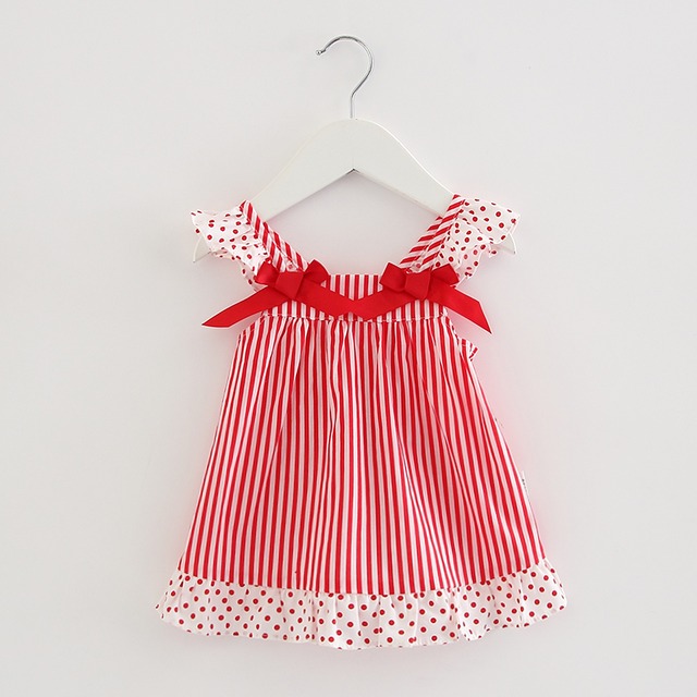 【即納】リボンが可愛いストライプドットワンピ（レッド）