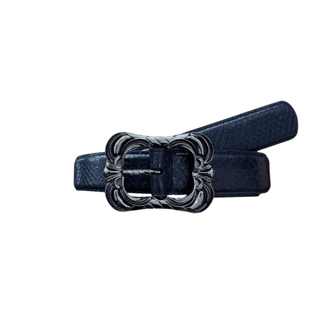 [UNDERMYCAR] 25FW Double Floral Buckle Python Effected Leather Belt Obsidian 正規品 韓国ブランド 韓国通販 韓国代行 韓国ファッション アンダーマイカー 日本 店舗