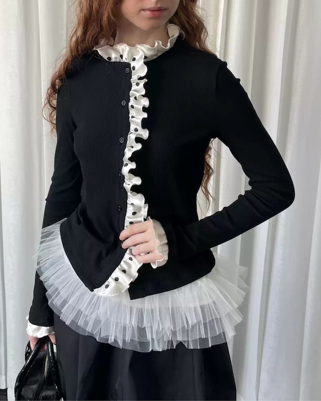 3290　ドットレースフロント長袖ニットカーディガン