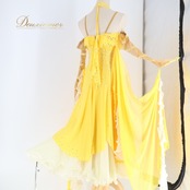 社交ダンス 衣装 スタンダード ドレス ワンピース スタンダードドレス 黄色 フロート レース フリル デモ 競技 ダンス パーティ 発表会 イエロー系 ホワイト系 黄色 白 キラキラ 輝き かわいい エレガント おしゃれ 演出用 ダンスウエア ダンス大会 用衣装 女性用