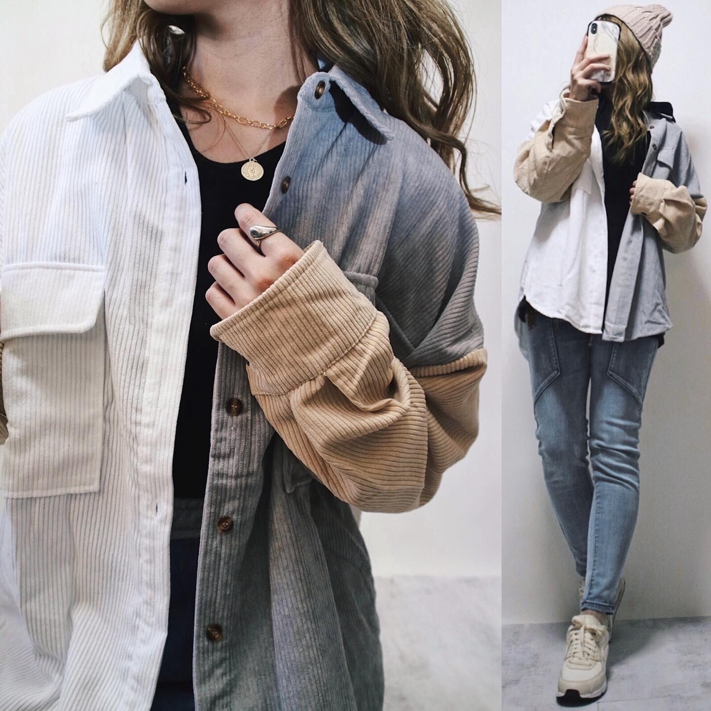 配色パターンコーデュロイシャツ