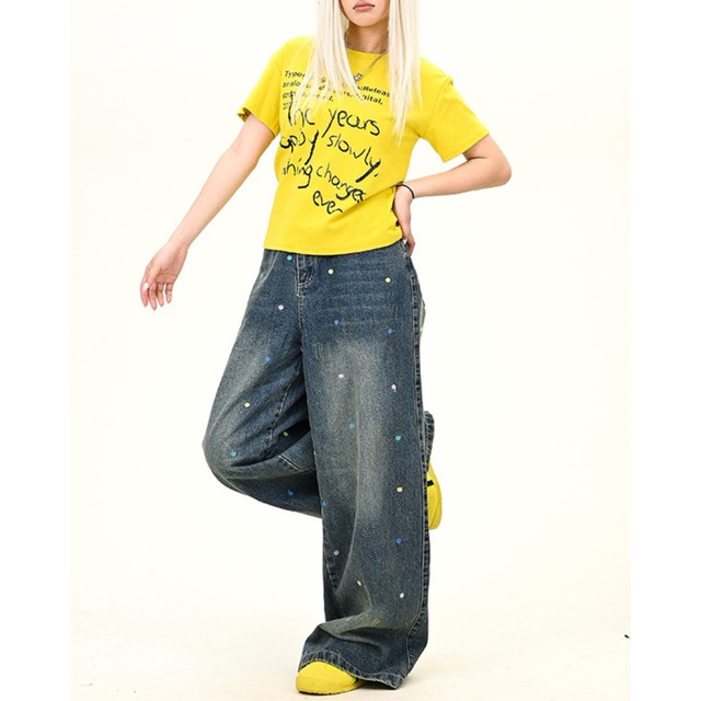 color dot wide leg denim　カラードットワイドレッグデニム　J0902