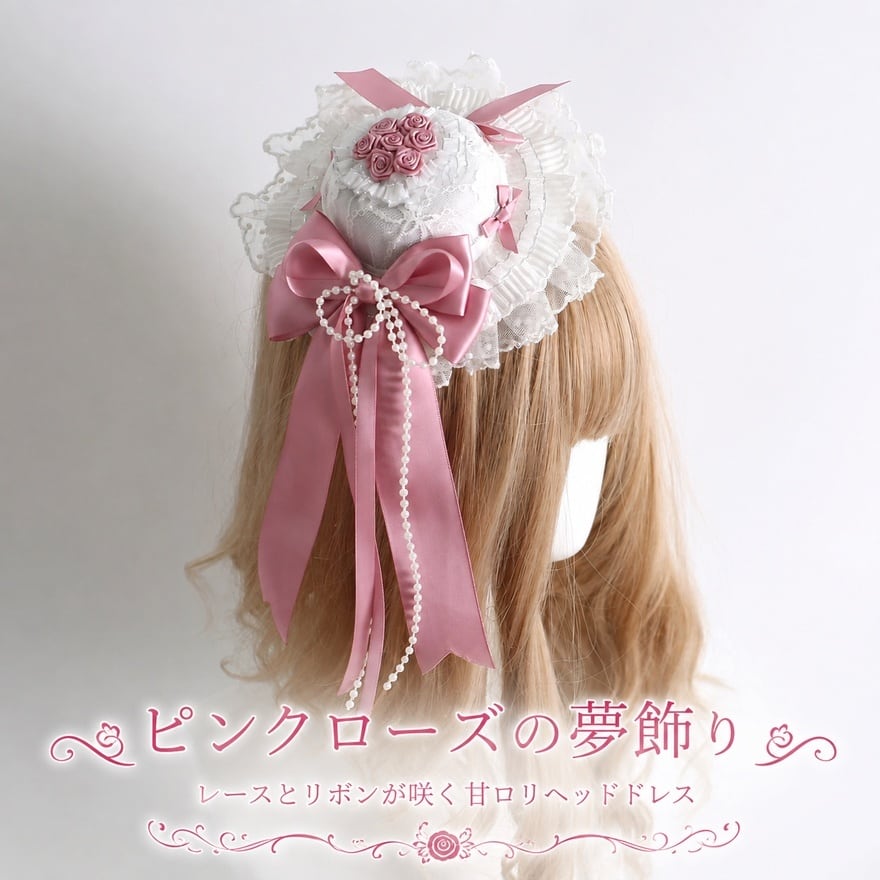 BABY初期 麦わらリボンミニハット ピンク×白レース 甘ロリ ピンクローズパールリボンロリータミニハット 白×ピンク