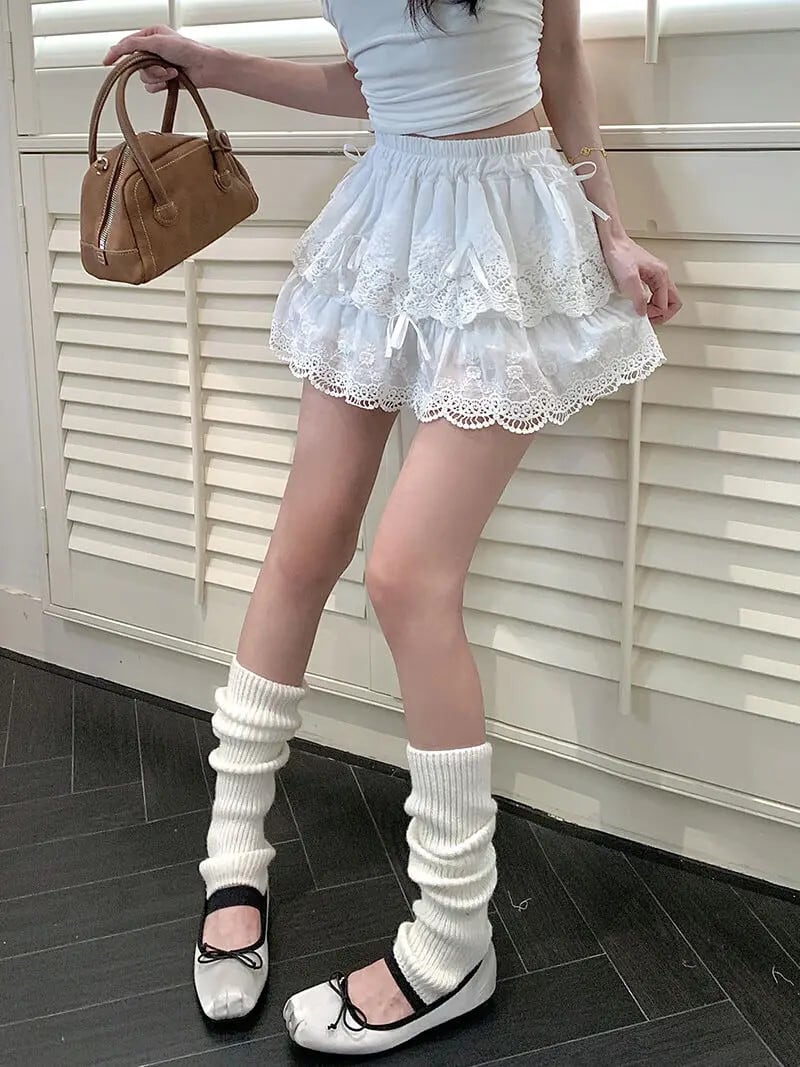 Deeptown コケット白レースショートスカートフリル女性甘い弓ミニ