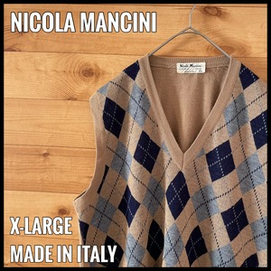 【NICOLA MANCINI】イタリア製 ベスト プルオーバー アーガイル柄 ウール アクリル ITALY ベージュ EU古着 ヨーロッパ古着