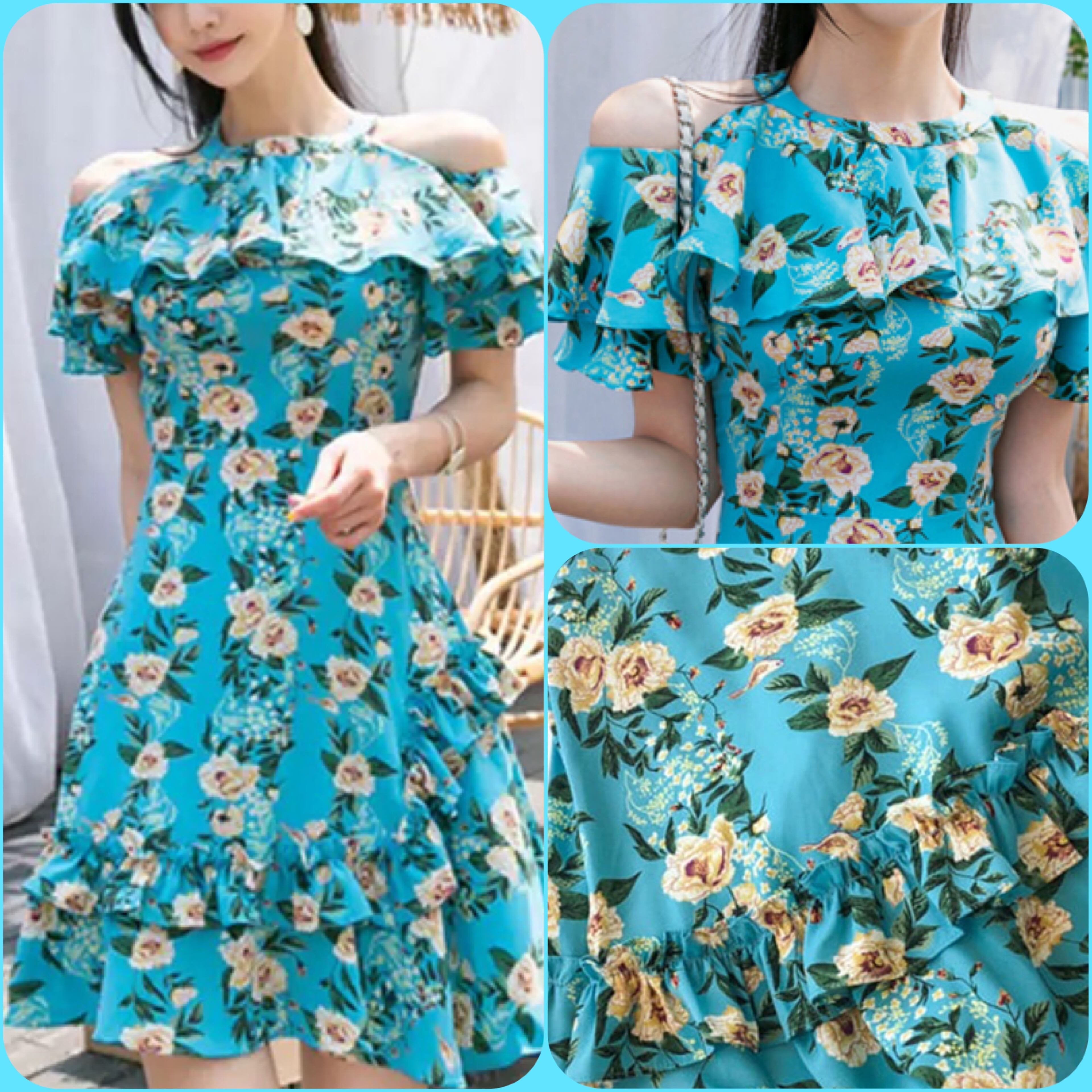 水色フラワー刺繍オフショルダーミニドレス ミニドレス ウエディングミニドレス 結婚式 演奏会 青 発表会