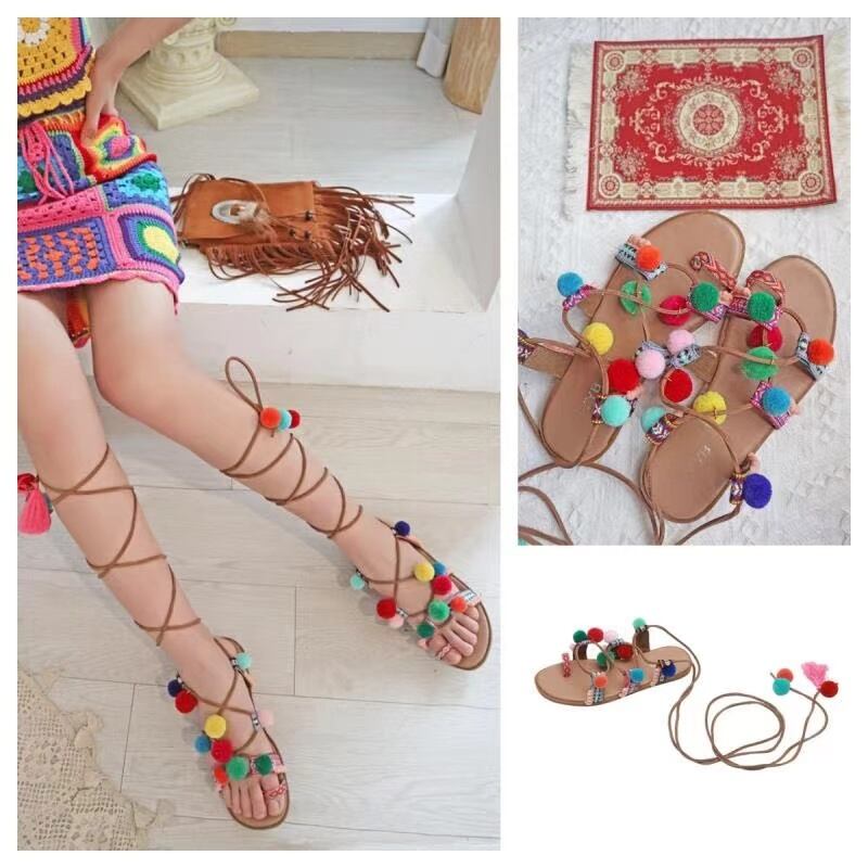 ボヘミアンサマーカジュアルサンダルエスニックスタイル 靴 シューズ レッド 夏物 ビーチ 延命家ファッション54114244500