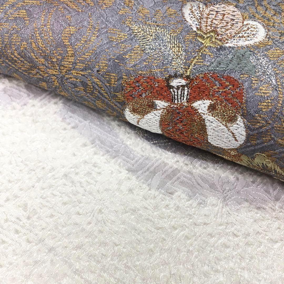 京袋帯 エ霞に花模様 絞り 刺繍 紗綾形 金糸 乳白色 O-3206 【公式通販】