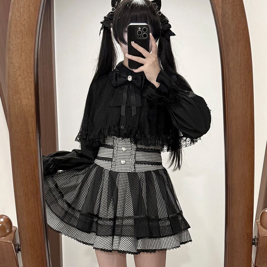 サブカル地雷系 ミニスカ 黒千鳥格子×段フリルレース ハイウエスト