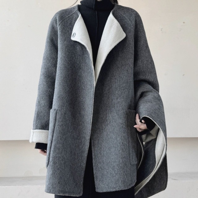 Loose collarless coat and muffler set【2color】 C0868
