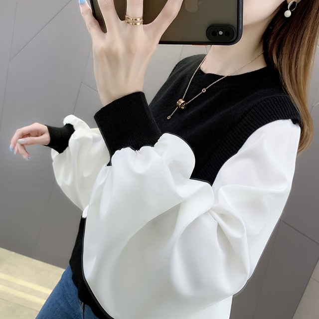 トップス レディース 送料無料 3色 シャツ ブラウス クルーネック 長袖 襟付き ニット ベスト フェイクレイヤード 重ね着 パフスリーブ ストライプ ゆったり 抜け感 こなれ感 シック クール かっこいい 個性的 華やか 派手 無地 春 春服 春物 秋 秋服 秋物 10代 20代 普段使い 重ね着 着回し おしゃれ お洒落 ラフ カジュアル 前開き シルバー 銀 ブラック 黒 グレー 灰色 涼し 通気性 薄手 ポリエステル シフォン シフォンシャツ ワイド 存在感 モード系 エキゾチック デート