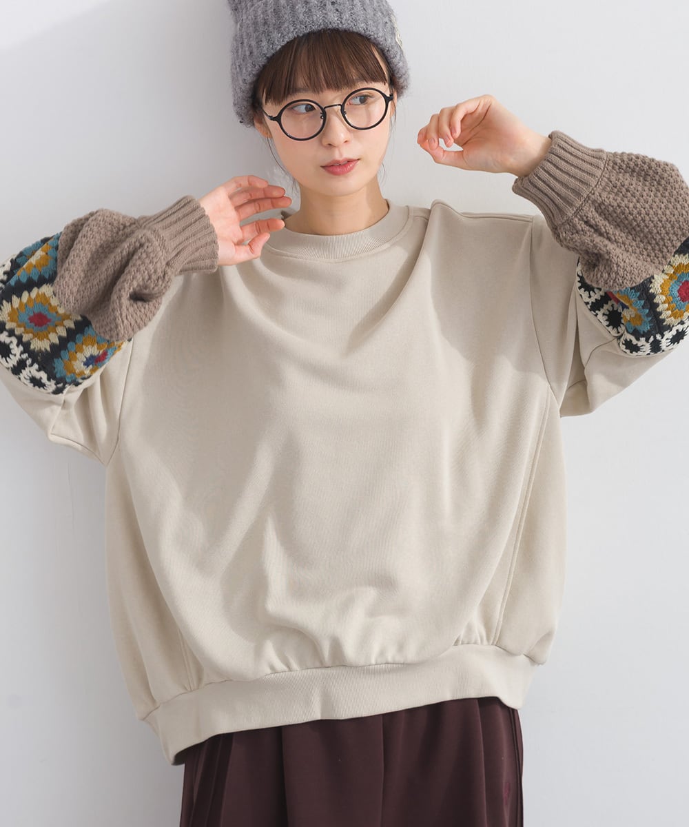 K53117 CT裏毛クロシェモチーフ袖切替スエットプルオーバー / K53117