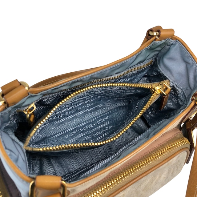 PRADA プラダ トートバッグ ベージュ ブルー トライアングルロゴ キャンバス マルチポケット vintage ヴィンテージ オールド fkki3a