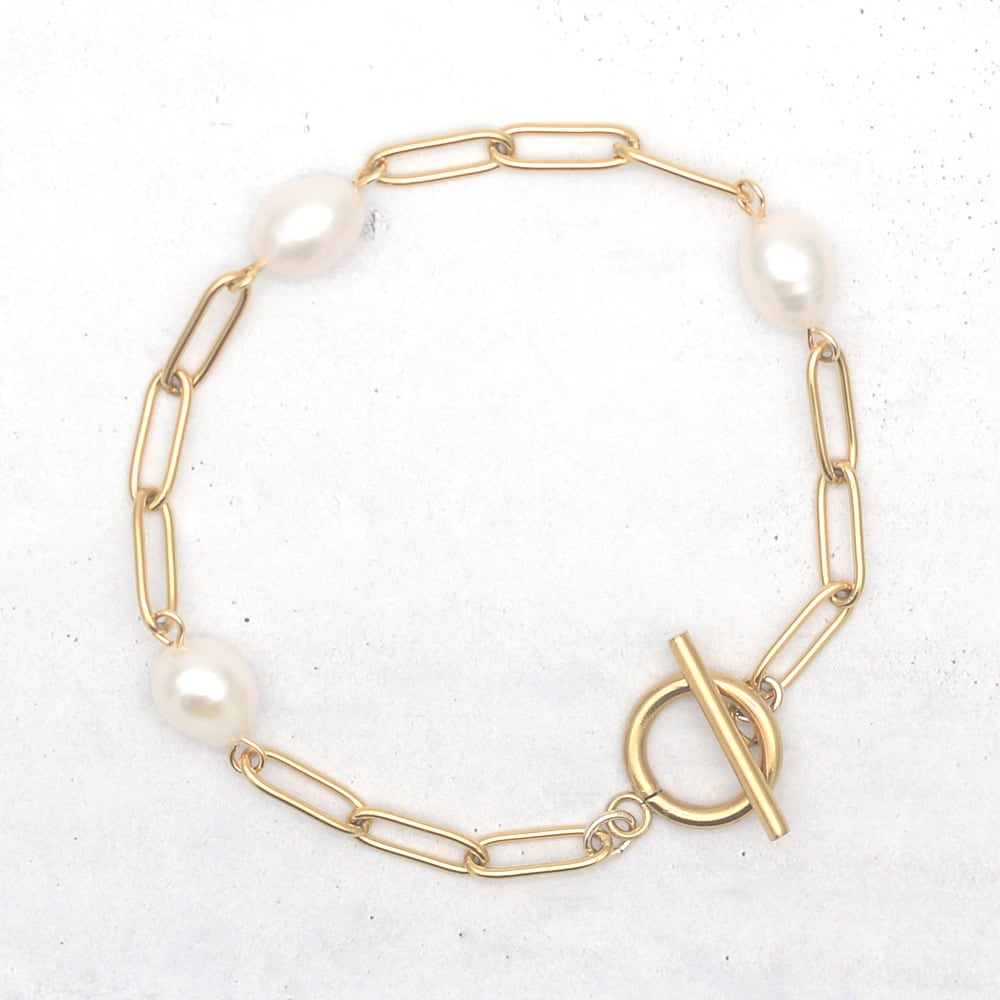 クリップチェーン 3粒 ステーション バロックパール ブレスレット 淡水パール サージカルステンレス製 / br-013