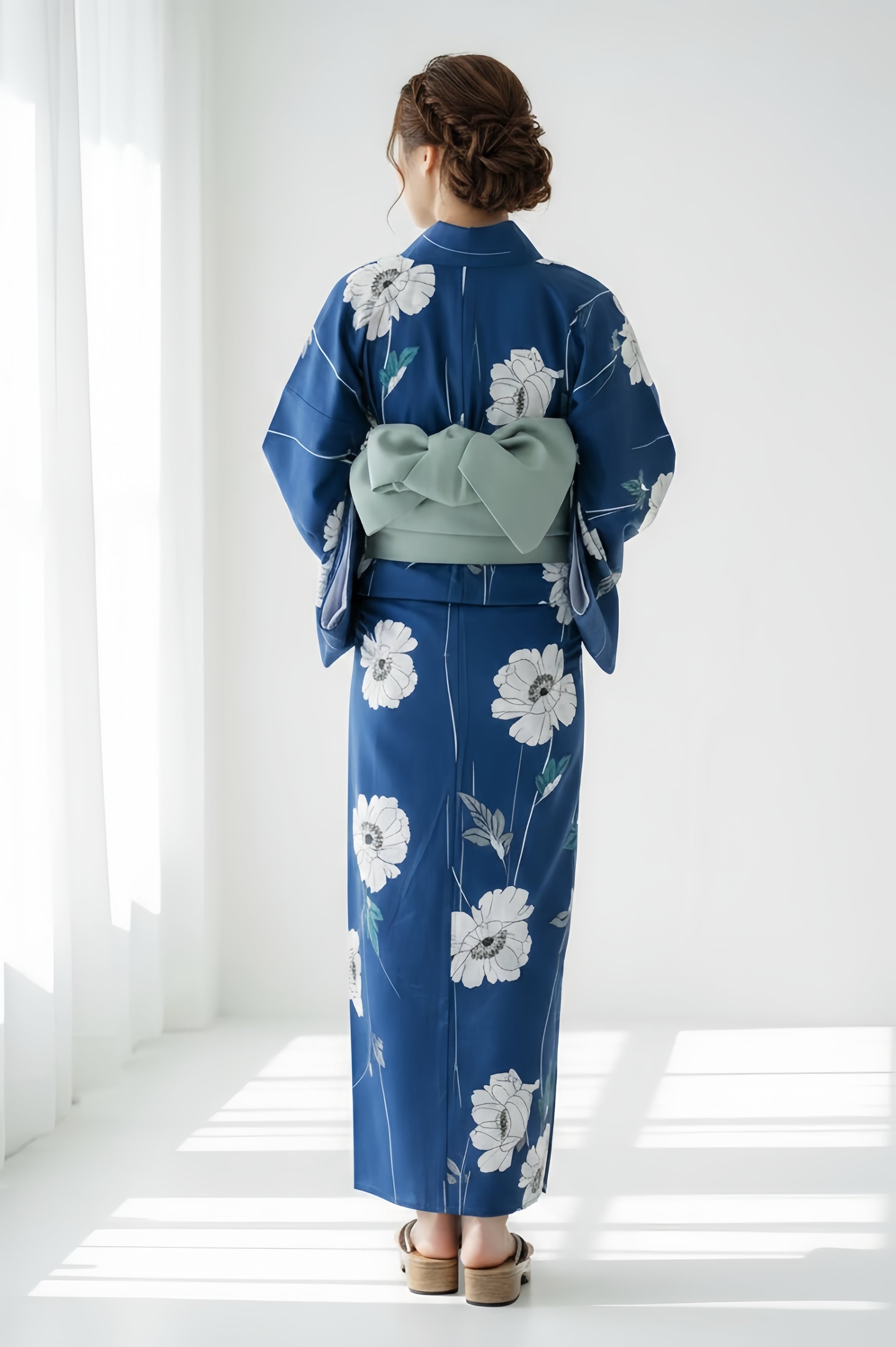 浴衣ジェンヌ 浴衣5点セット 鉄紺色 ポピー 花柄 綿 ゆかた 半幅帯