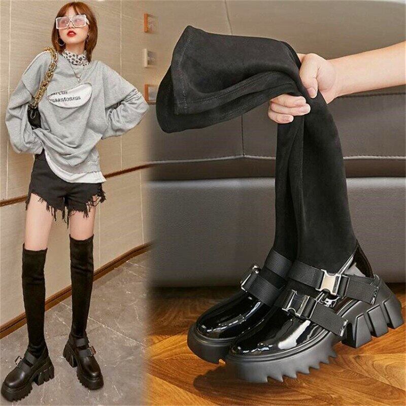【新作】【送料無料】 ブラックパテントレザーブーツメタルバックルデコレーションレディースハイヒールプラットハイヒールブーツ、ウィンターレディースロングブーツ 靴 シューズ 冬物 10b353518482205