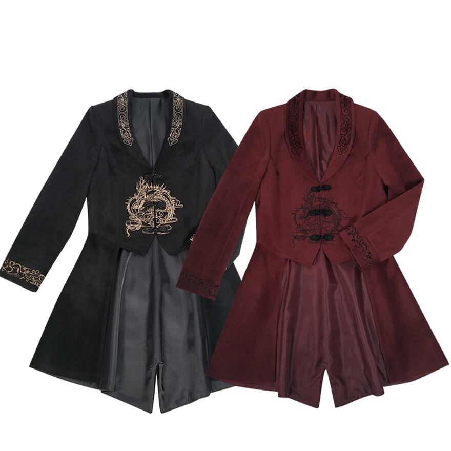 サブカル 服 地雷系 通販 ウールコート 王子系 華ロリ チャイナ刺繍 ドラゴン チャイナ風チャイナ服