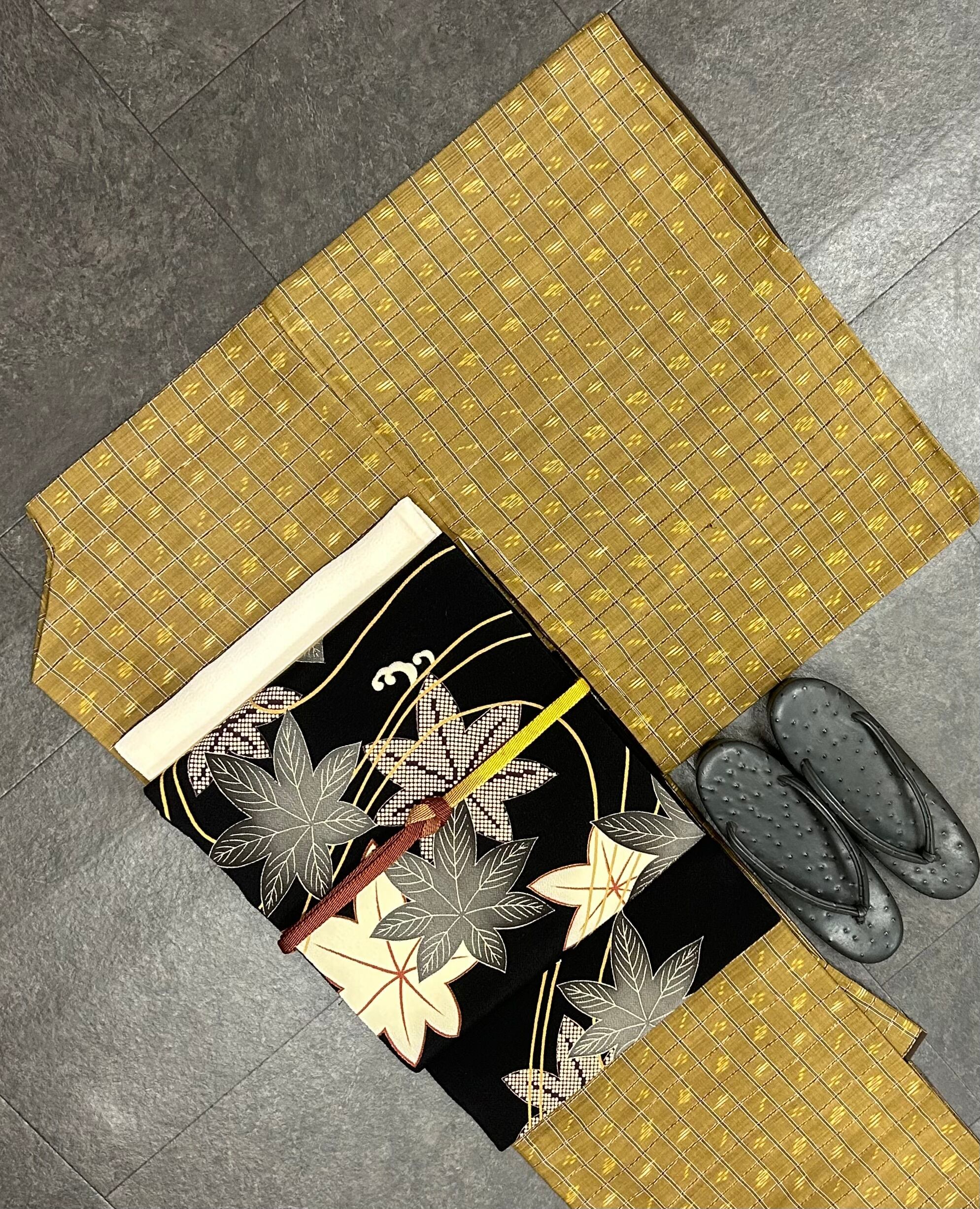 紬 黄橡色 琉球絣 裄丈 69㎝ しつけ糸有り K3226 | 着物 ひょうたん堂