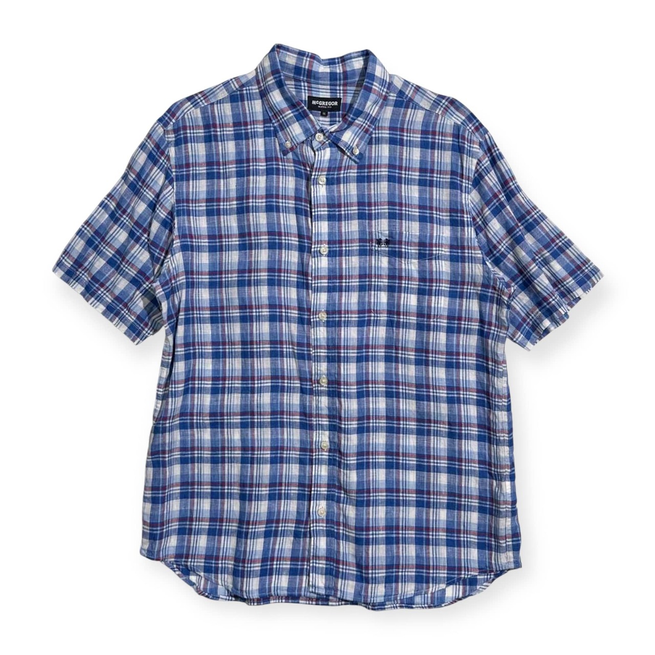 麻100% MCGREGOR マクレガー チェック柄 BD 半袖 リネン シャツ サイズ LL /メンズ/ブルー系