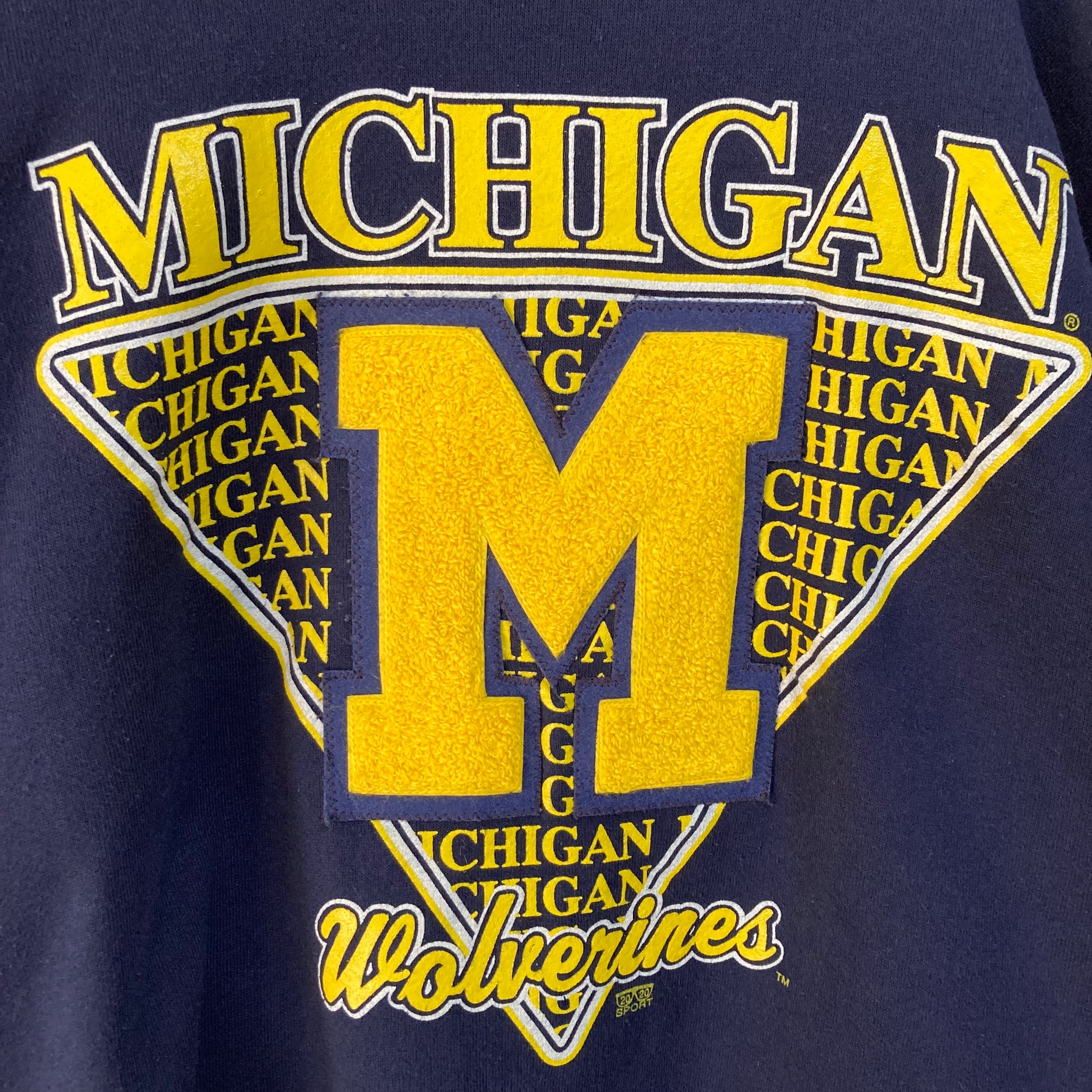 【20/20 SPORT】L/S Sweat L 90s Made in USA “MICHIGAN” カレッジ スウェット トレーナー USA製  ミシガン大学 カレッジロゴ 刺繍ロゴ ビッグシルエット 太アーム アメリカ USA 古着