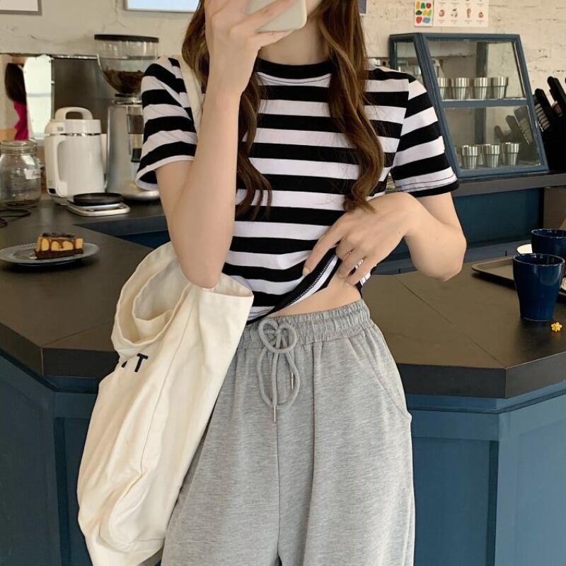 ショートトップス サマーラウンドネックスリムストライプTシャツ 夏物 Oネック ハンチェンe57305304079