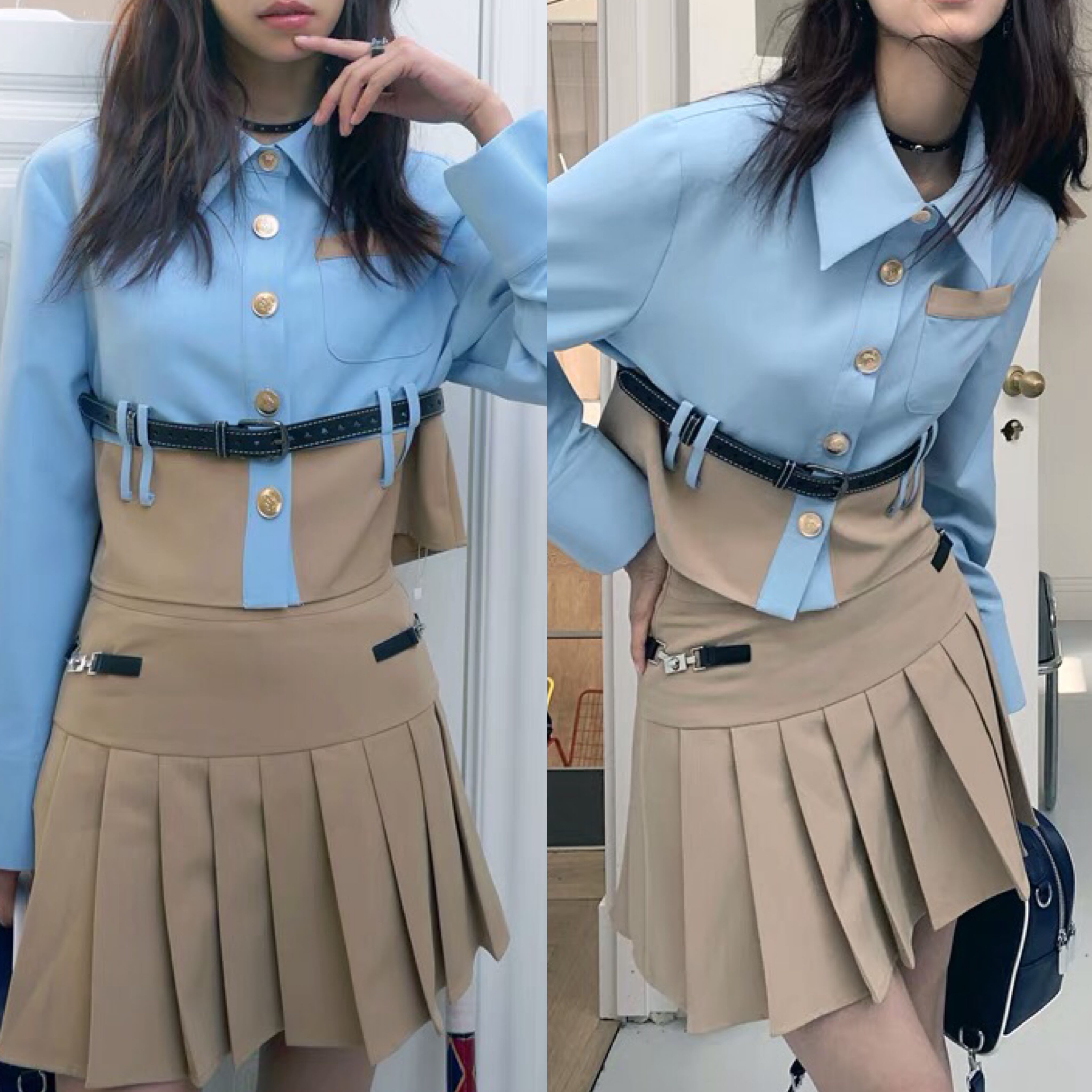 セットアップ】水色 ベージュ 制服 プリーツスカート オフショルダー  