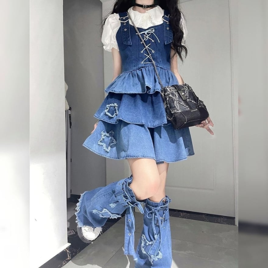 星屑ダメージが映える|Y2K×地雷系デニムフリルジャンパースカートセットアップ ライブや推し活におすすめ