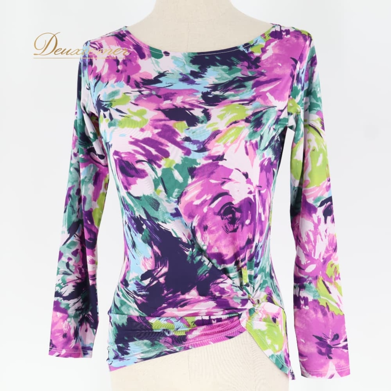 社交ダンス 衣装 Chacott Dance Sport チャコット ダンススポーツ トップス ブラウス レッスンウェア パープル系 長袖 ギャザー アシンメトリー 花柄 総柄 おしゃれ 上品 ホワイト系 ピンク系 ネイビー系 ブルー系 グリーン系 ロングスリーブ ツイストデザイン 華やか 派手め モダン きれいめ ダンス レッスン 発表会 舞台 コーデ カラフル 個性的 柄物 ポリエステル 伸縮素材 ラテン ラテン系 フラメンコ系 Ballroom Latin dancewear