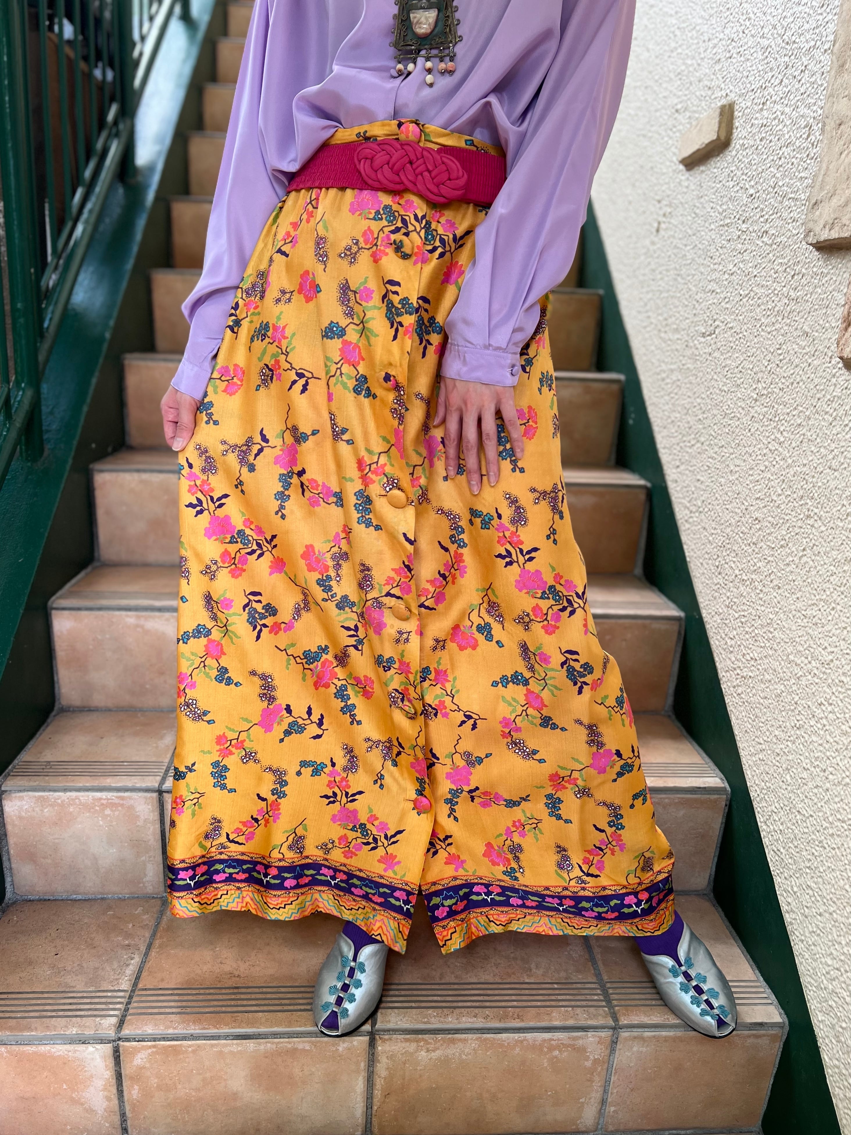 70s yellow × floral long skirt (ヴィンテージ イエロー × 花柄 