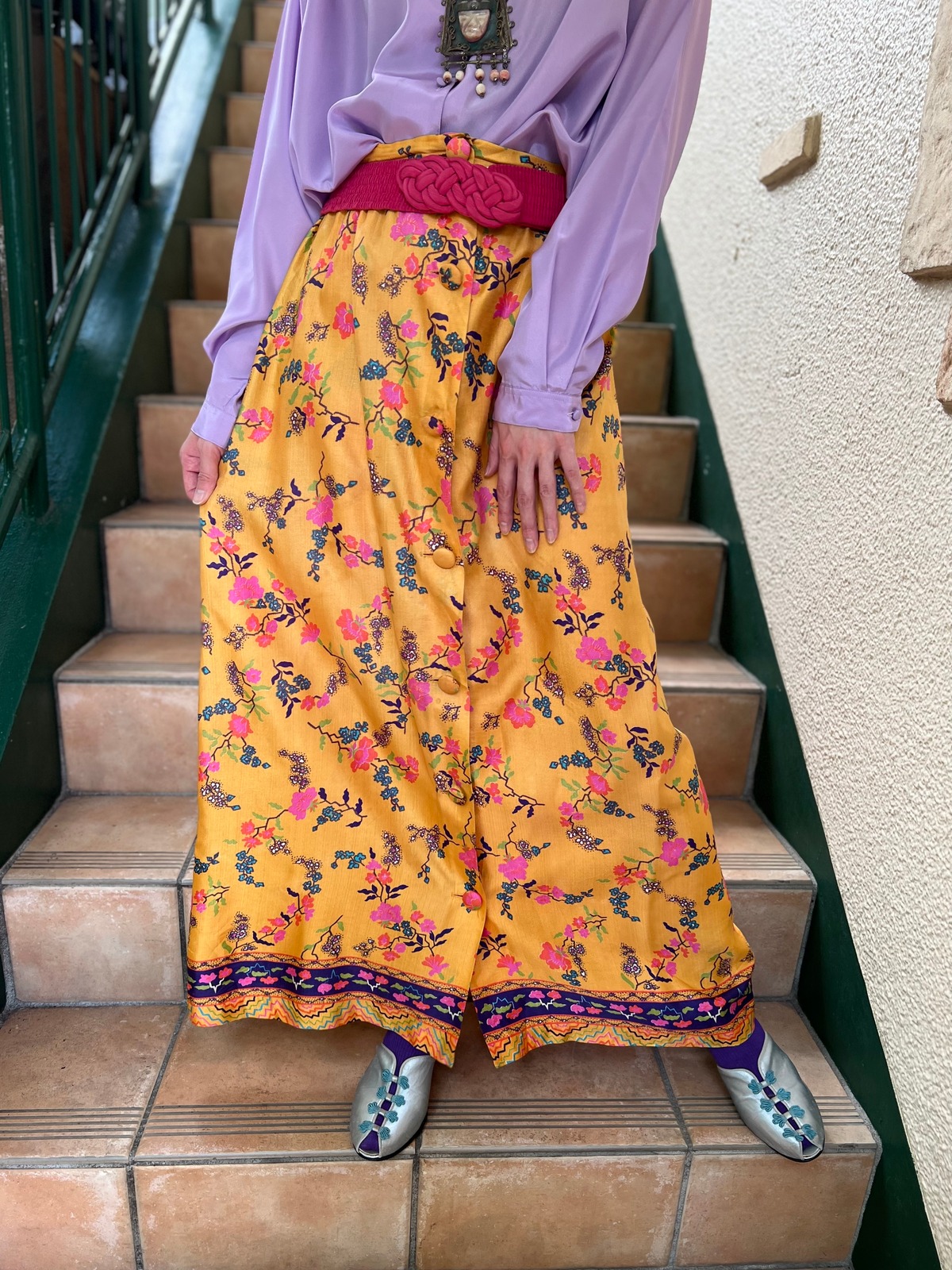 70s yellow × floral long skirt (ヴィンテージ イエロー × 花柄 ロングスカート ) | Riyad ...