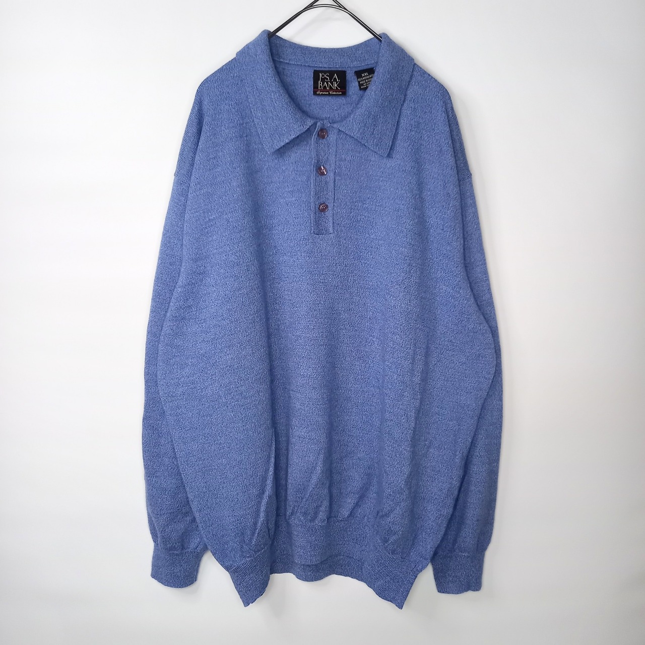 メリノウール　ニット　ポロシャツ　長袖　セーター　薄手　無地　ブルー　XXL