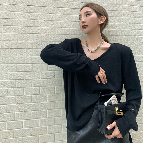 スタイルVネックセーター ルーズプルオーバー ブラウス ソリッド カラー長袖スリーブ ロング ウィンター 冬物 ソリッドカラー ガールズファッション34930103662