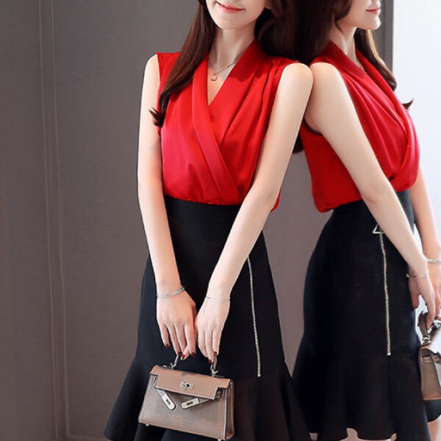ノースリーブ シャツ ブラウス Vネック カシュクール レディース 袖なし トップス ホワイト 白 ブラック 黒 レッド 赤 夏 Tp0014 Raffine ラフィーネ ドレス ブラウス