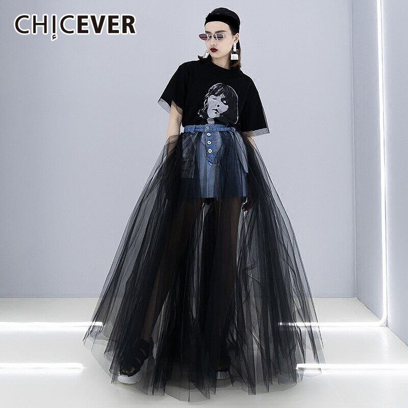 CHICEVERデニムパッチワークメッシュスカートレディースウエストボディコンセクシーミディロングスカート2020夏服 サマー 夏物 6base57619054638