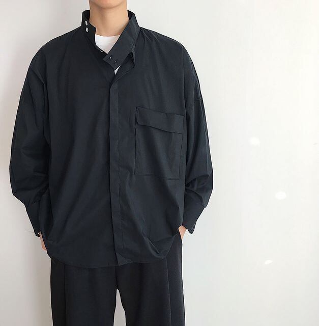 予約販売】シャツ 長袖 メンズ シンプル ハイカラー 立ち襟 モノトーン