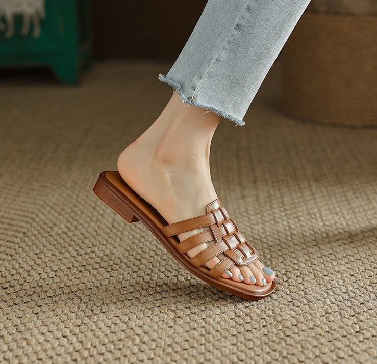 レディース 編み込みサンダル ミュール レザー調 ストラップ フラット