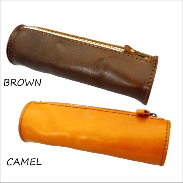 牛革 ペンケース メンズ レディース 本革 シンプル 円筒型 BROWN CAMEL